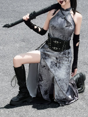 蛇魅 · Wasteland Gray Cheongsam – Split Hem, Off-Shoulder, New Chinese Style - Yandan_Hanfu