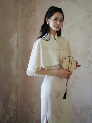 "Xi Zhu" White Dark Pattern Tassel Shawl Cheongsam Bride Wedding Dress Engagement - Yandan_Hanfu