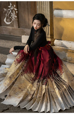 Lunar Spring River – Red Hanfu Maxi Skirt Set, New Chinese Style 6-Meter Hem Mamian Skirt with Knit Top & Wool Coat - Yandan_Hanfu