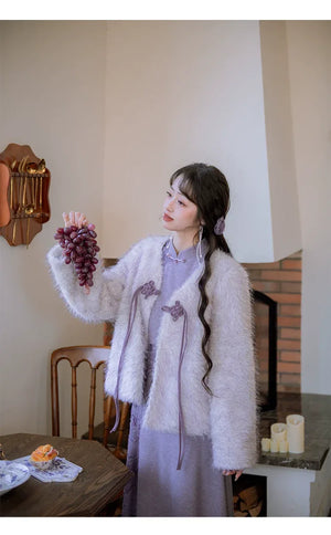 ''Falling Grace" Lace Qipao Cheongsam Dress & Faux Fur Jacket – Winter Collection - Yandan_Hanfu