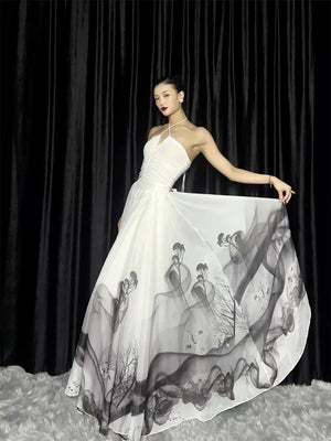 Floating Light – Chinese Watercolor Maxi Skirt with Dramatic Full Hem - Yandan_Hanfu