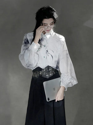 Clivia ink shirt Chinese fashion new Chinese element pants summer suit - Yandan_Hanfu