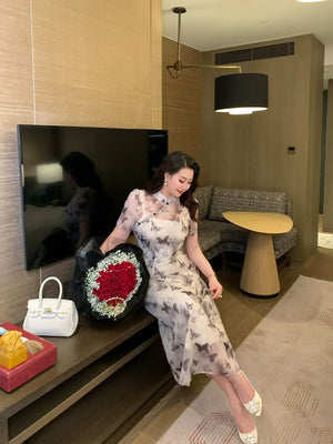 Ink-Butterfly Qipao – Elegant New Chinese Dress with Vintage Charm - Yandan_Hanfu