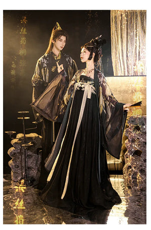 Black&Gold Tang-Style Hanfu Couple Set – Traditional Chinese Outfit with Wide-Sleeve Robe & Printed Hezi Skirt - Yandan_Hanfu