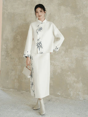 100% Wool Double-Faced Modern Chinese Women's Set – Printed Jacket with Matching Skirt, Minimalist Luxury Style - Yandan_Hanfu