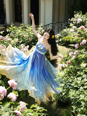 Star & Moon Platycodon – Elegant Qi-Xiong Modern Hanfu Dress with Spaghetti Straps & Embroidery - Yandan_Hanfu