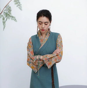 Qimeng – Tibetan-Inspired Women's Two-Piece Set | Cross-Collar Vintage Top & Long Skirt - Yandan_Hanfu