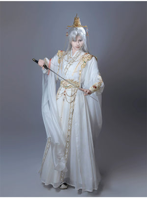 【Radiance of the Dragon】 White Hanfu Ensemble with Cross-Collar, Clouded Shoulders & Embroidered Seal men Unisex - Yandan_Hanfu