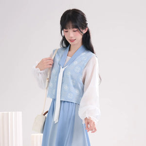 Sea Salt Sky Blue – Elegant Tang-Inspired Modern Hanfu with Long-Sleeve Top & Flowing Skirt - Yandan_Hanfu
