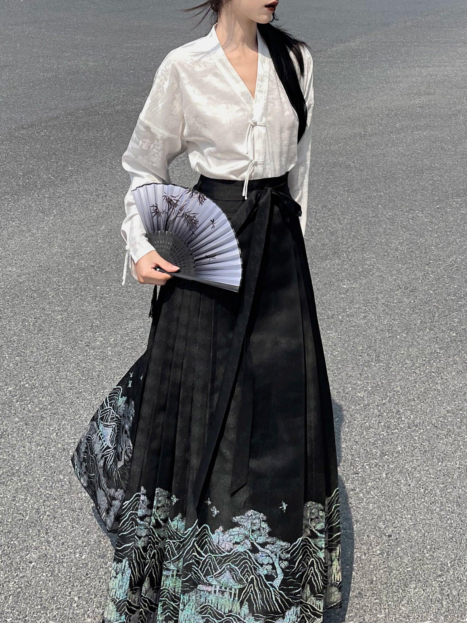 New Chinese Style | Black & White Shirt Women's Horse Face Skirt Suit - Yandan_Hanfu