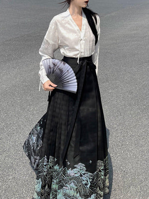 New Chinese Style | Black & White Shirt Women's Horse Face Skirt Suit - Yandan_Hanfu
