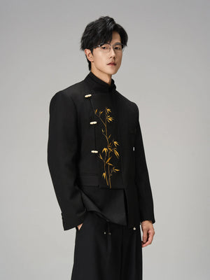 Golden Bamboo Embroidered Mandarin Blazer – Black New Chinese Unisex Jacket - Yandan_Hanfu