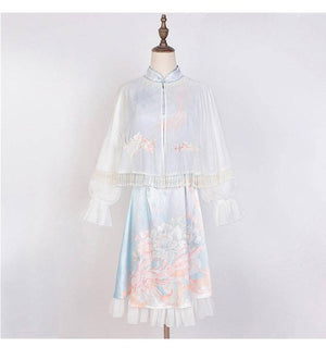 Full view of blue Feihua Hanfu Cheongsam Dress with sheer cape and floral embroidery, displayed on mannequin for product showcase.