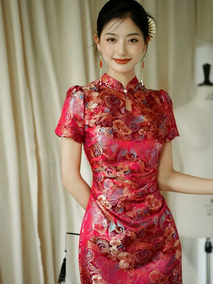Yue Xi – Red Embroidered Jacquard Qipao for Wedding, Engagement & Tea Ceremony - Yandan_Hanfu