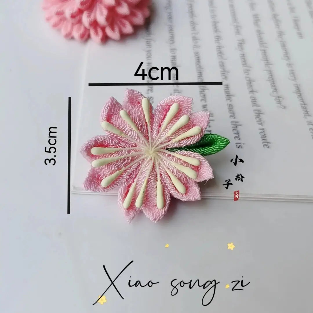 Small pink cherry blossom hairpin with size 4cm by 3.5cm, part of the Sakura Japanese headdress set.