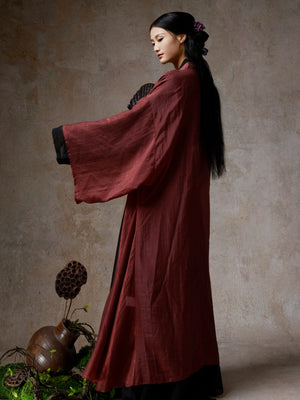 Yandan_Hanfu wine red sheer tencel cardigan with black accents, fan, studio setting
