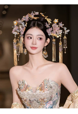 Light Toned Chinese Bridal Hairpin Set – Elegant Floral Headpiece for Hanfu, Qipao - Yandan_Hanfu