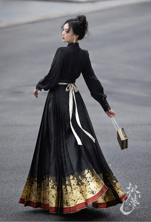 Black&Blue Modern Hanfu | 6-meter-high daily Hanfu suit slimming and long horse-mamian skirt - Yandan_Hanfu