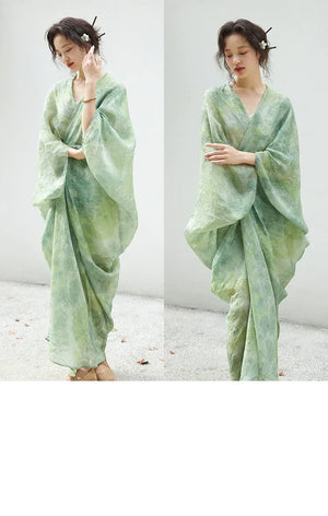 100% Ramie Modern Chinese Dress – Green Tie-Dye Print with Loose Silhouette & Camisole Layer - Yandan_Hanfu