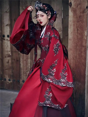 Red princess hanbok wedding dress for women – modern Korean palace-style traditional bridal gown with flowing skirt, ideal for photoshoots, events, and cultural ceremonies