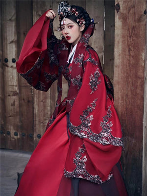 Red traditional Korean palace wedding dress with floral embroidery, ornate headpiece