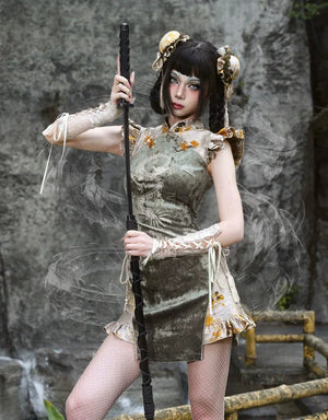 Spring Dragon Festival, Embroidered Short Cheongsam Dress Halloween - Yandan_Hanfu