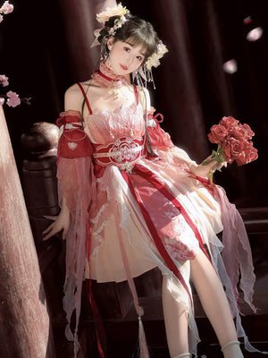 Red Hanfu Dress New Chinese Feather Rust Waist Seal Suspender Skirt - Yandan_Hanfu
