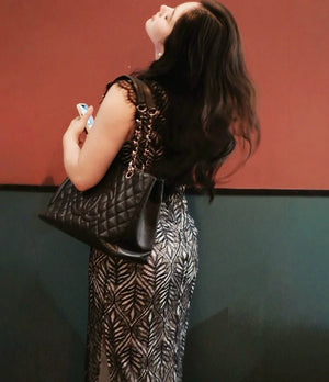 Plus Size Black & White Qipao Dress – Modern Vintage-Inspired Sleeveless Cheongsam with Geometric Patterns - Yandan_Hanfu