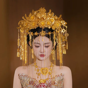 Bride Golden Curtain Flower Happy Chinese Wedding Show Headdress Hair Accessories - Yandan_Hanfu