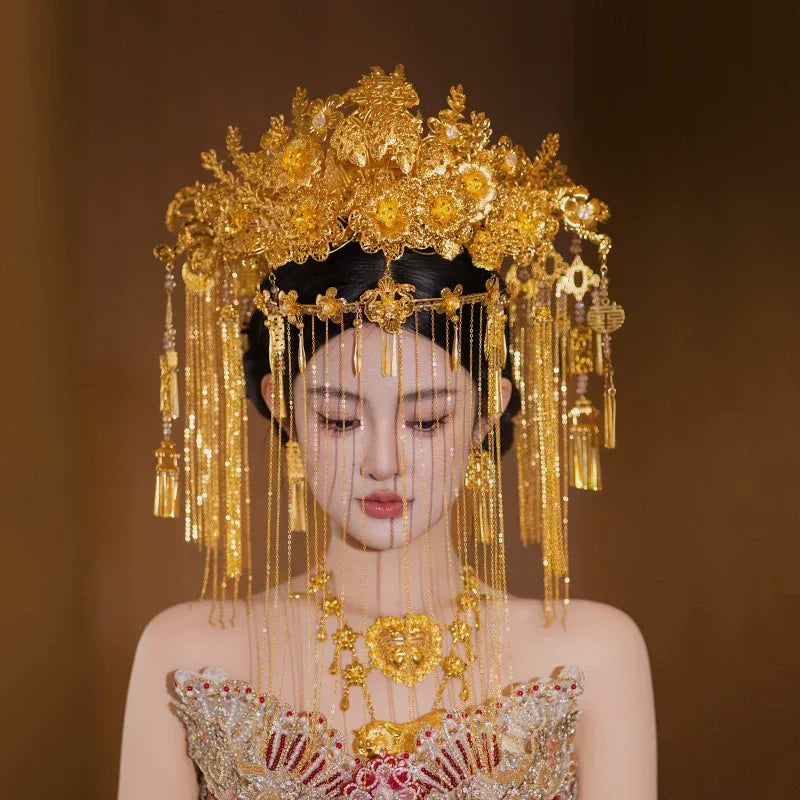 Bride Golden Curtain Flower Happy Chinese Wedding Show Headdress Hair Accessories - Yandan_Hanfu