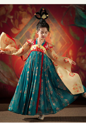 Girl in traditional Hanfu twirling in teal and beige dress with floral prints, inspired by ancient Dunhuang and Tang styles.