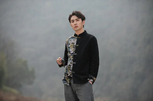 New Chinese style disc button top contrasting coat printing Tang suit men - Yandan_Hanfu