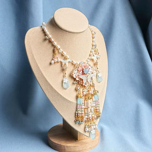 Butterfly Shell & Aquamarine Pearl Necklace – Hanfu Yingluo Accessory with Original Design - Yandan_Hanfu