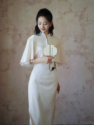 "Xi Zhu" White Dark Pattern Tassel Shawl Cheongsam Bride Wedding Dress Engagement - Yandan_Hanfu