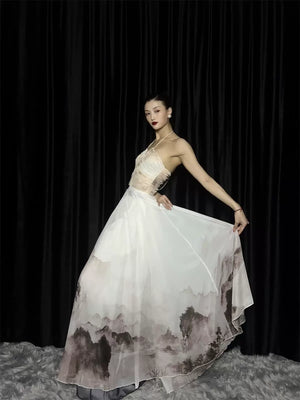 Floating Light – Chinese Watercolor Maxi Skirt with Dramatic Full Hem - Yandan_Hanfu