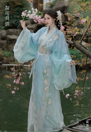 Blue Pear Blossom Moonlight – Traditional Hanfu Robe with Embroidered Jacquard Train - Yandan_Hanfu