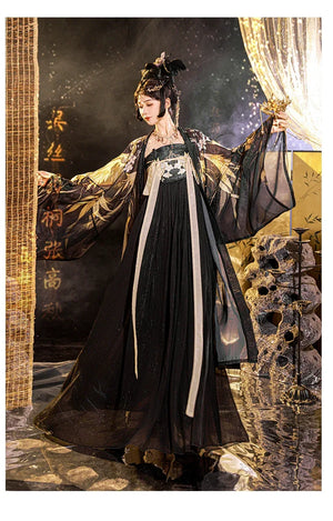 Black&Gold Tang-Style Hanfu Couple Set – Traditional Chinese Outfit with Wide-Sleeve Robe & Printed Hezi Skirt - Yandan_Hanfu
