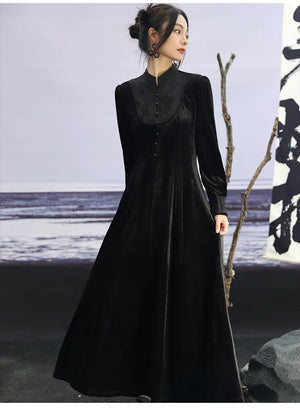 New Chinese Style | Black Lace Dress Women's Stand-up Collar Waist Slimming Long Skirt - Yandan_Hanfu