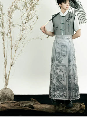 Unisex Modern Grey Hanfu Set – Cross-Collar Jacket with Brocade Ma Mian Skirt - Yandan_Hanfu