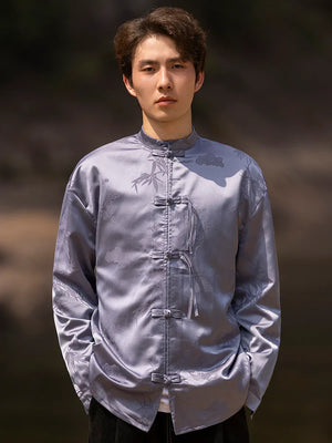 Bamboo leaf print disc buckle Tang suit men's retro Chinese style shirt - Yandan_Hanfu