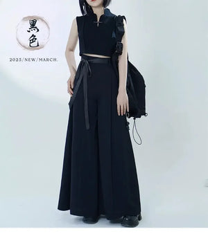 Tied Harmony – Unisex Wide-Leg Pants | New Chinese Style High-Waist Pleated Trousers with Belted Design - Yandan_Hanfu