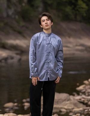 Bamboo leaf print disc buckle Tang suit men's retro Chinese style shirt - Yandan_Hanfu