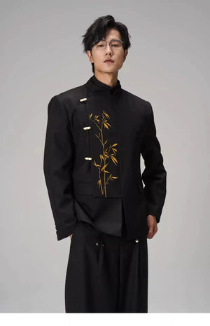 Golden Bamboo Embroidered Mandarin Blazer – Black New Chinese Unisex Jacket - Yandan_Hanfu