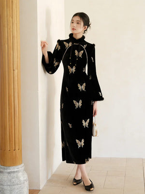 Black & Gold Velvet Cheongsam – Modern Chinese Winter Dress with Butterfly Bead Embroidery - Yandan_Hanfu
