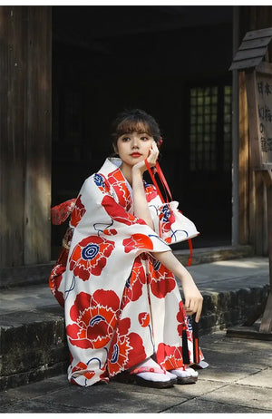 White & Red Japanese Sleeve Kimono Japanese Kimono Dress Women's Art Girl Atmospheric Improved Kimono - Yandan_Hanfu