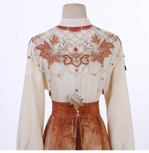 Maple Leaf Hanfu Women's New Chinese Style Daily Han Element Cloud Shoulder Top Three-pleated Skirt Set Spring - Yandan_Hanfu