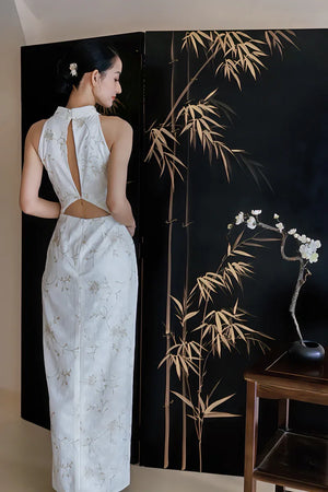 "Qianzhi" white embroidered shawl showing thin backless cheongsam bride wedding dress toast engagement - Yandan_Hanfu