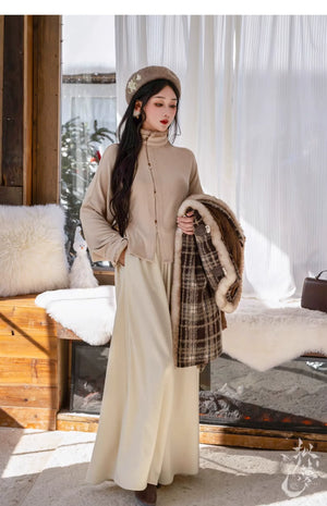Amber Grace – Modern Hanfu Women's Autumn/Winter Set | Ming-Style Round-Collar Wool Coat with Plaid Song-Inspired Pants - Yandan_Hanfu
