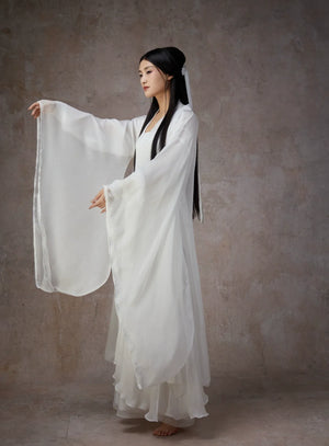 Graceful White Wide-Sleeve Chiffon Hanfu – Classical & Jazz Fusion Dance Dress - Yandan_Hanfu
