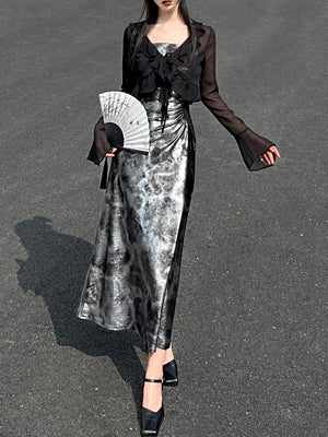 Glossy gray and silver new Chinese atmosphere Spice girl suspender dress Hot silver temperament long dress women - Yandan_Hanfu